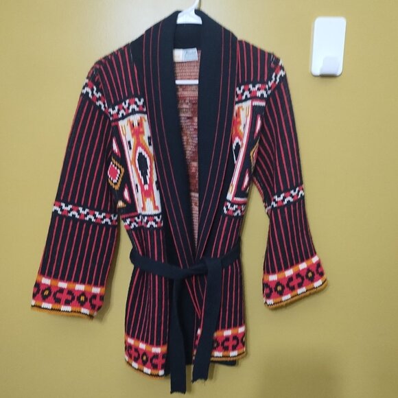 VTG 70s Sabra by Wintuk Orlon Acrylic Belted Tribal Cardigan S/M Boho Aztec - Picture 1 of 5
